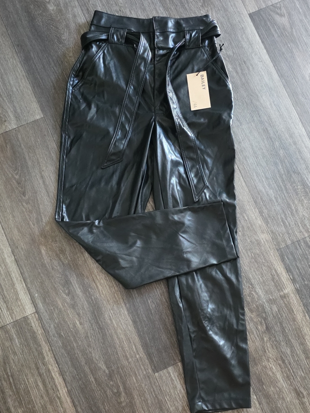 Bailey 44 Black Faux Leather Paperbag Waist Pants with Belt